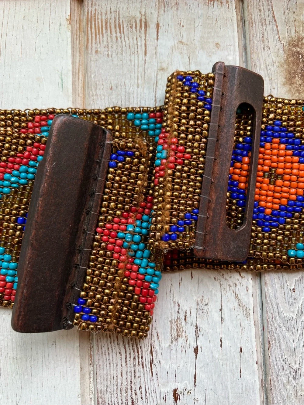 Handmade Beaded Multicolor Wide Waist Belt with Wooden Buckle